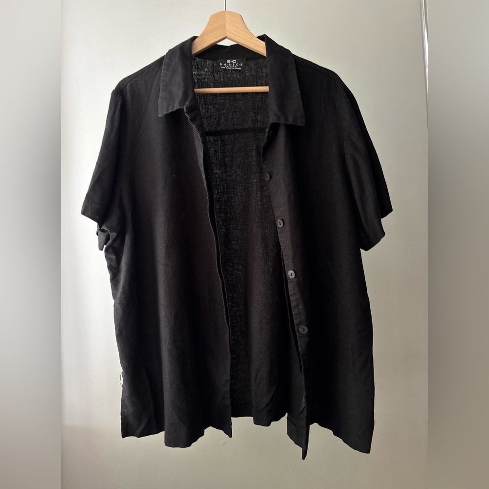 1990s Black Linen Short Sleeve Blouse